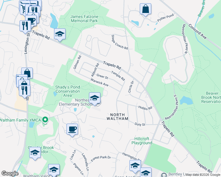 map of restaurants, bars, coffee shops, grocery stores, and more near 118 Warwick Avenue in Waltham
