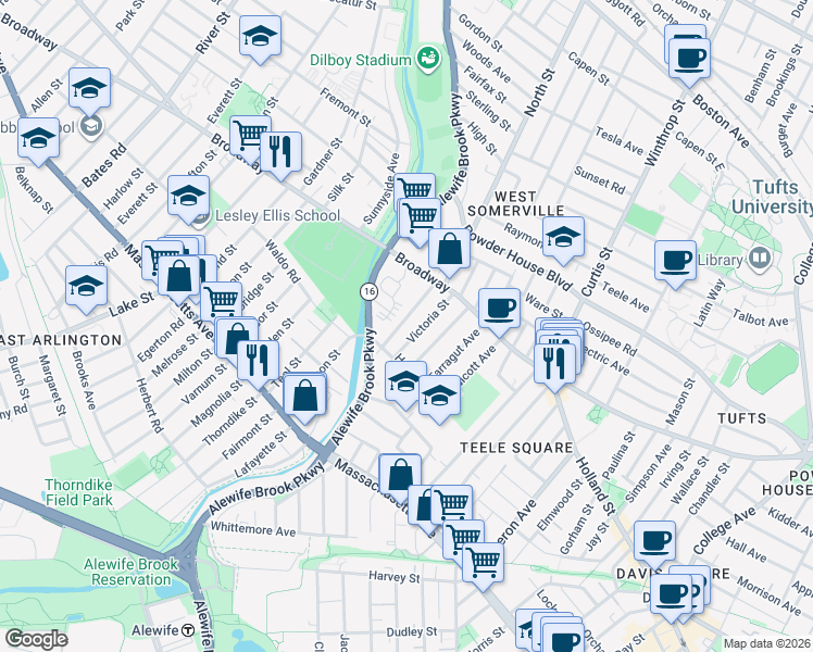 map of restaurants, bars, coffee shops, grocery stores, and more near 37 Waterhouse Street in Somerville