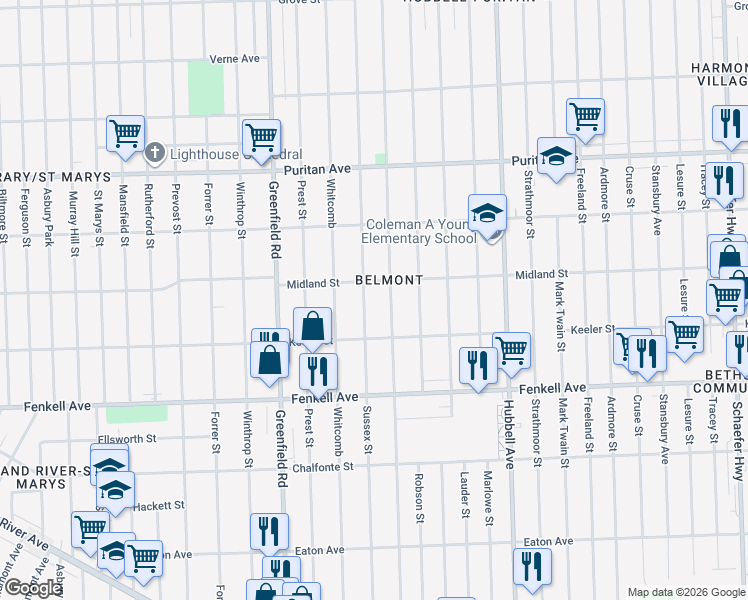 map of restaurants, bars, coffee shops, grocery stores, and more near in Detroit