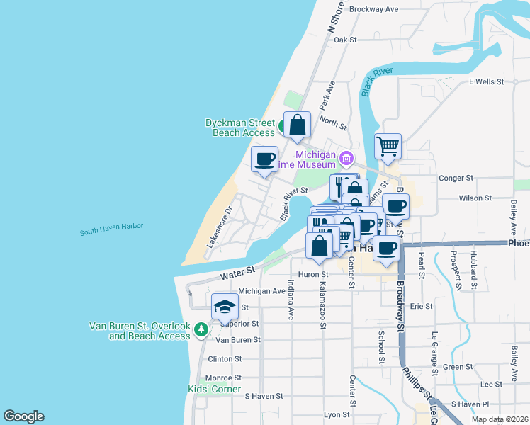map of restaurants, bars, coffee shops, grocery stores, and more near 92 Avery Street in South Haven