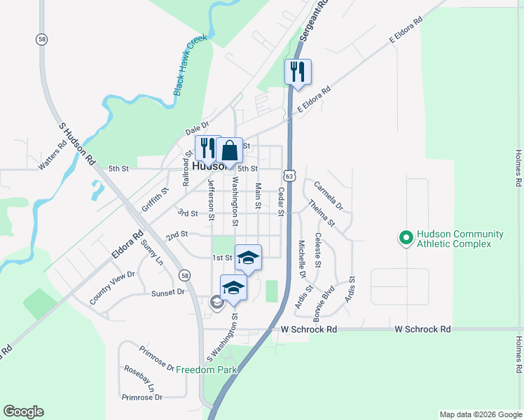 map of restaurants, bars, coffee shops, grocery stores, and more near 313 Main Street in Voorhies
