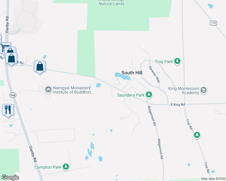 map of restaurants, bars, coffee shops, grocery stores, and more near 173 East King Road in Ithaca