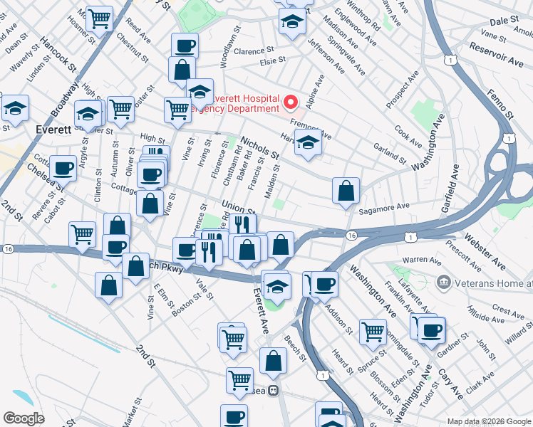map of restaurants, bars, coffee shops, grocery stores, and more near 130 Union Street in Everett