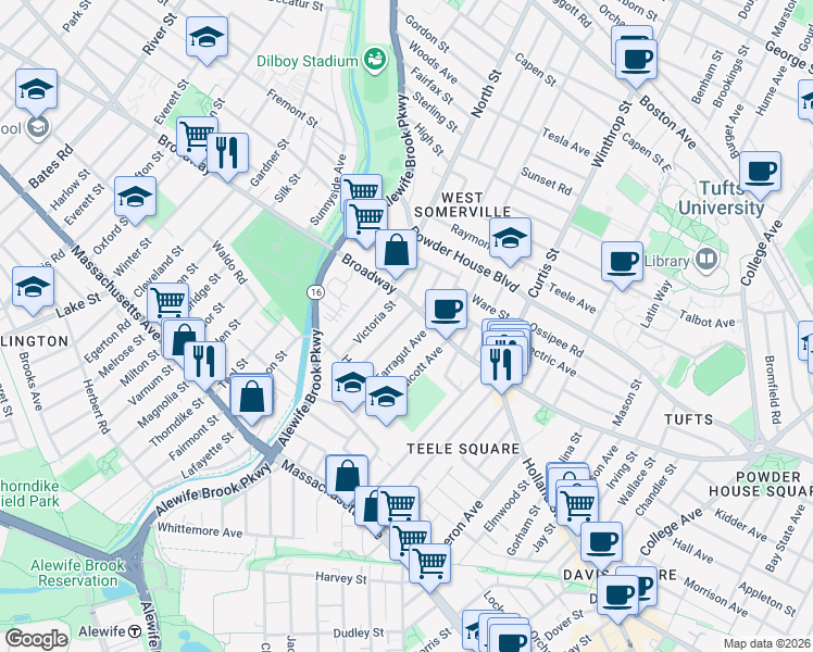 map of restaurants, bars, coffee shops, grocery stores, and more near 1249 Broadway in Somerville