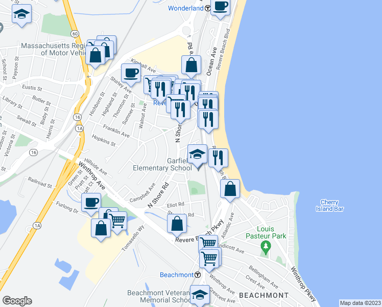map of restaurants, bars, coffee shops, grocery stores, and more near 75 Garfield Avenue in Revere