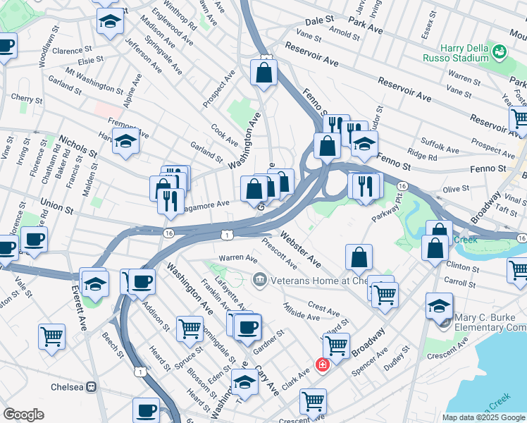 map of restaurants, bars, coffee shops, grocery stores, and more near 20 Adams Street in Chelsea