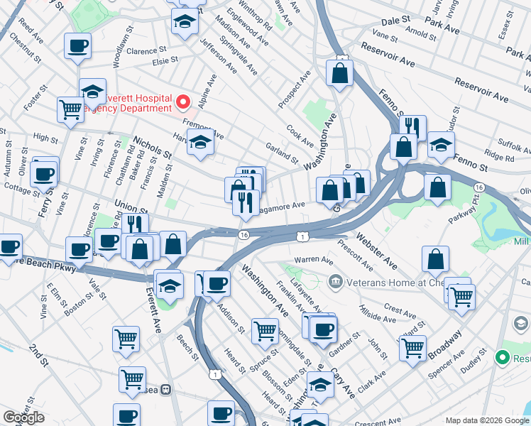 map of restaurants, bars, coffee shops, grocery stores, and more near 50 Sagamore Avenue in Chelsea