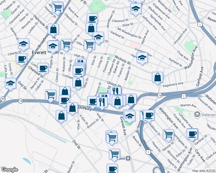 map of restaurants, bars, coffee shops, grocery stores, and more near 93 Union Street in Everett