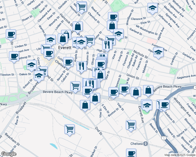 map of restaurants, bars, coffee shops, grocery stores, and more near 27 Ferry Street in Everett