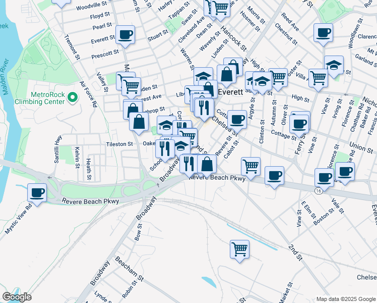 map of restaurants, bars, coffee shops, grocery stores, and more near 11 Cazenove Place in Everett