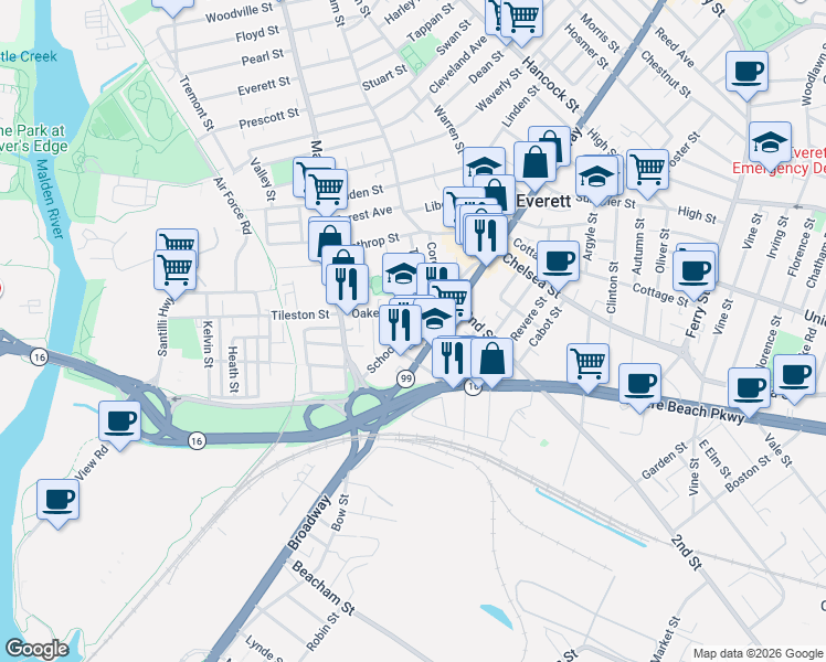 map of restaurants, bars, coffee shops, grocery stores, and more near 91 School Street in Everett