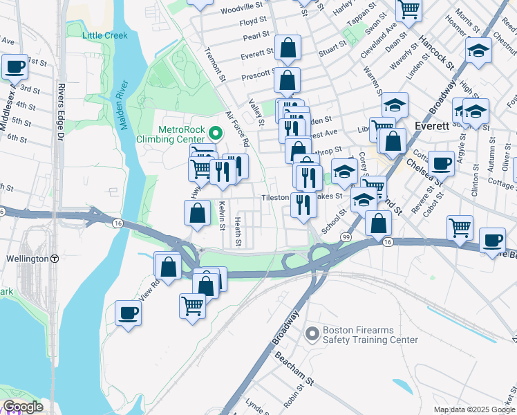 map of restaurants, bars, coffee shops, grocery stores, and more near 48 Tileston Street in Everett
