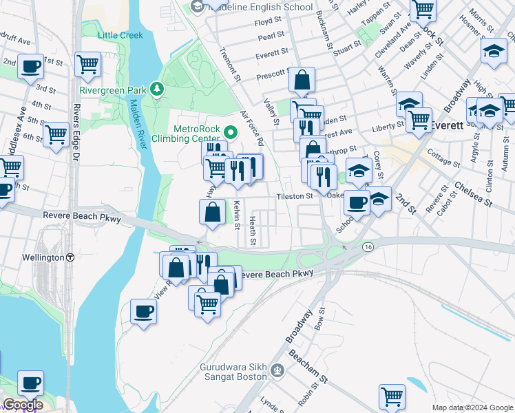 map of restaurants, bars, coffee shops, grocery stores, and more near in Everett