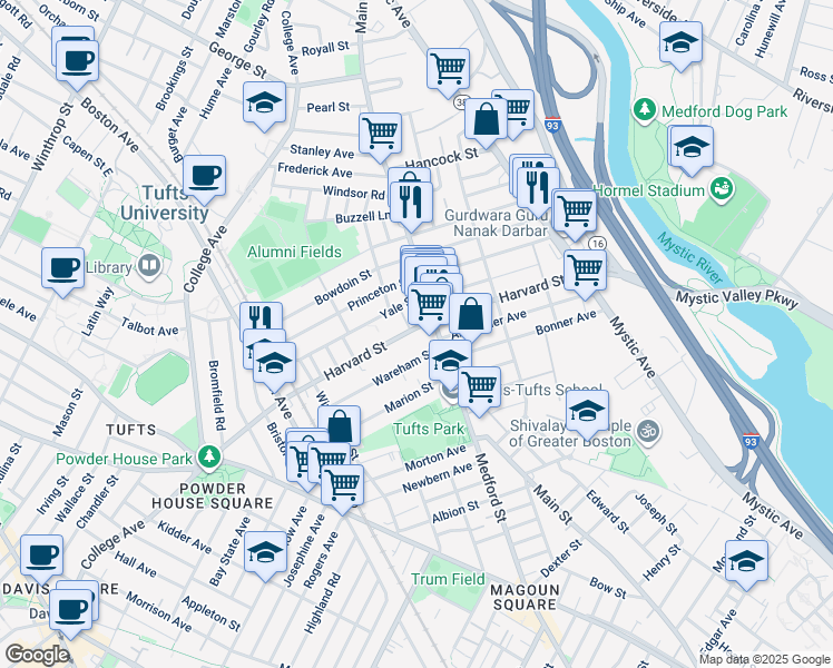 map of restaurants, bars, coffee shops, grocery stores, and more near 1 Harvard Street in Medford