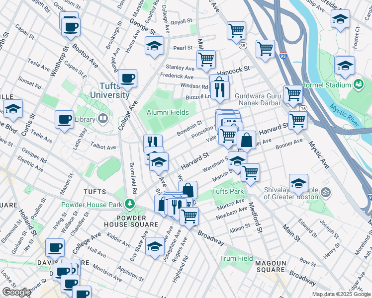 map of restaurants, bars, coffee shops, grocery stores, and more near 102 Princeton Street in Medford