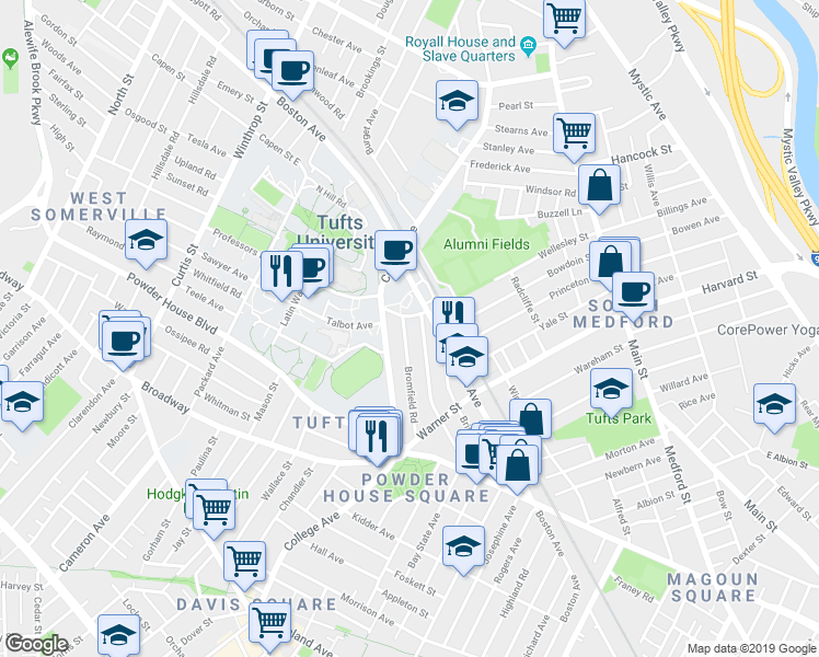 map of restaurants, bars, coffee shops, grocery stores, and more near 16 Dearborn Road in Somerville