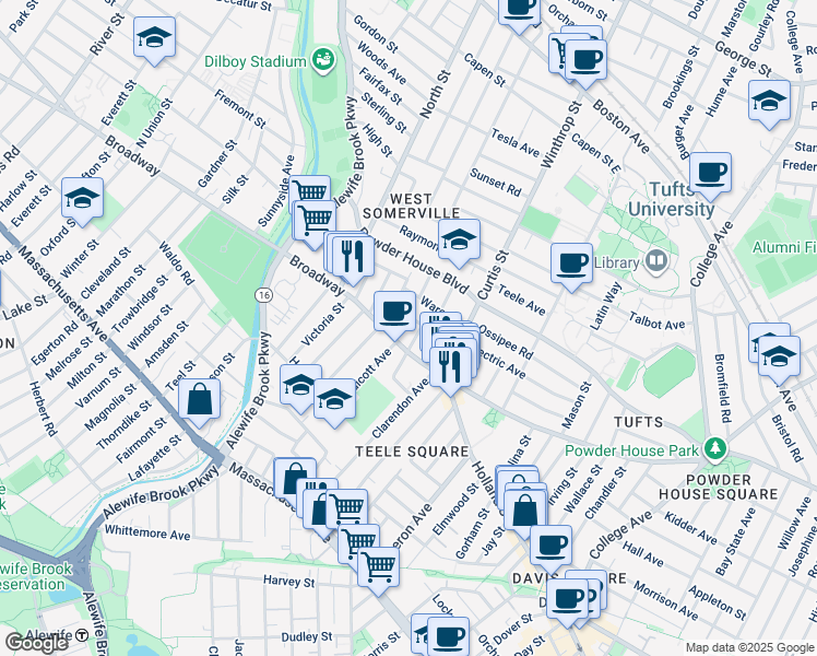 map of restaurants, bars, coffee shops, grocery stores, and more near 42 Fairmount Avenue in Somerville