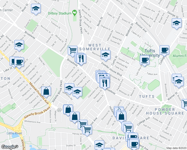 map of restaurants, bars, coffee shops, grocery stores, and more near 42 Fairmount Avenue in Somerville