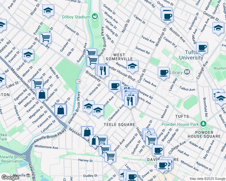 map of restaurants, bars, coffee shops, grocery stores, and more near 1249 Broadway in Somerville