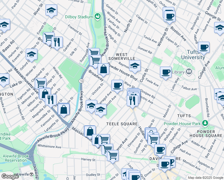 map of restaurants, bars, coffee shops, grocery stores, and more near 1249 Broadway in Somerville