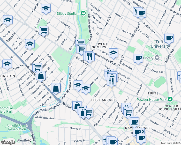 map of restaurants, bars, coffee shops, grocery stores, and more near 1249 Broadway in Somerville