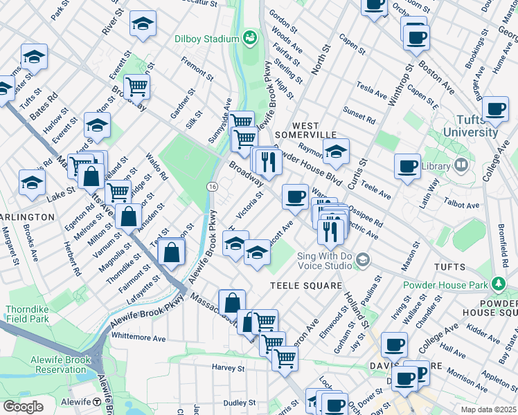 map of restaurants, bars, coffee shops, grocery stores, and more near 18 Victoria Street in Somerville