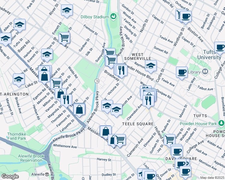 map of restaurants, bars, coffee shops, grocery stores, and more near 18 Victoria Street in Somerville