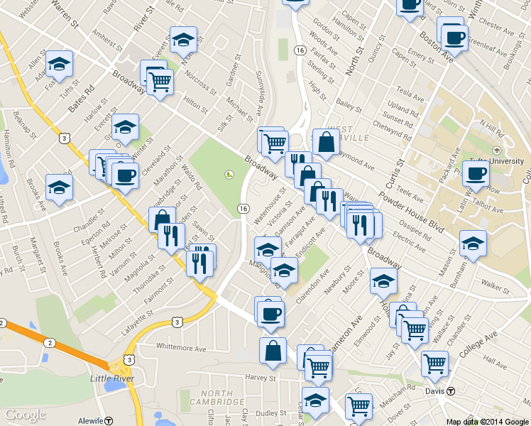 map of restaurants, bars, coffee shops, grocery stores, and more near 37 Waterhouse Street in Somerville