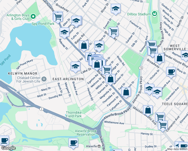 map of restaurants, bars, coffee shops, grocery stores, and more near 180 Massachusetts Avenue in Arlington