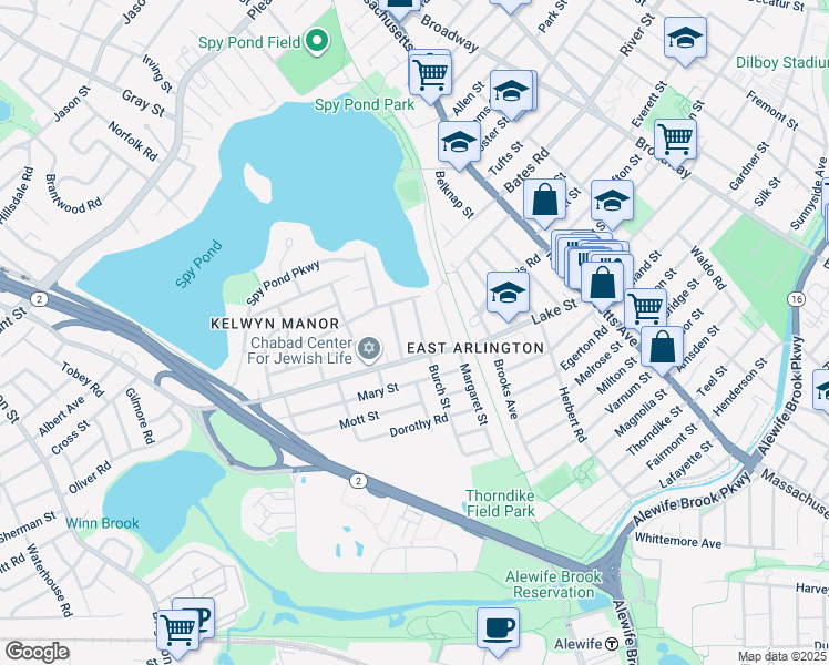 map of restaurants, bars, coffee shops, grocery stores, and more near 27 Pondview Road in Arlington