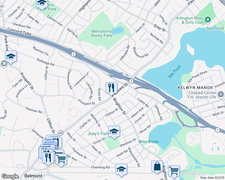 map of restaurants, bars, coffee shops, grocery stores, and more near 57 Simmons Avenue in Belmont