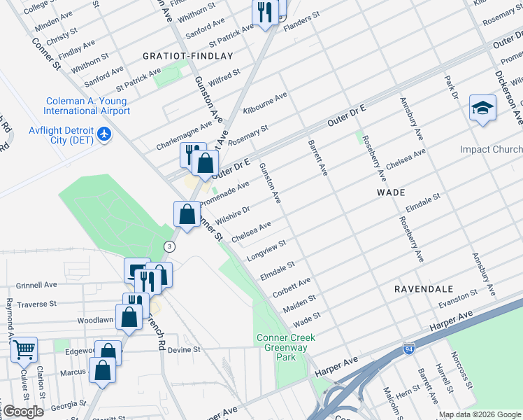 map of restaurants, bars, coffee shops, grocery stores, and more near 11051 Wilshire Drive in Detroit