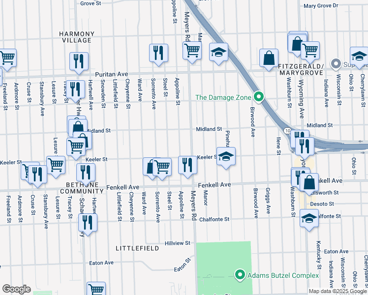 map of restaurants, bars, coffee shops, grocery stores, and more near 15466 Appoline Avenue in Detroit