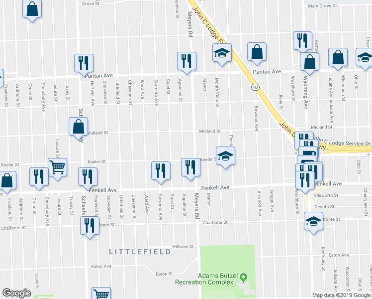 map of restaurants, bars, coffee shops, grocery stores, and more near 15466 Appoline Avenue in Detroit
