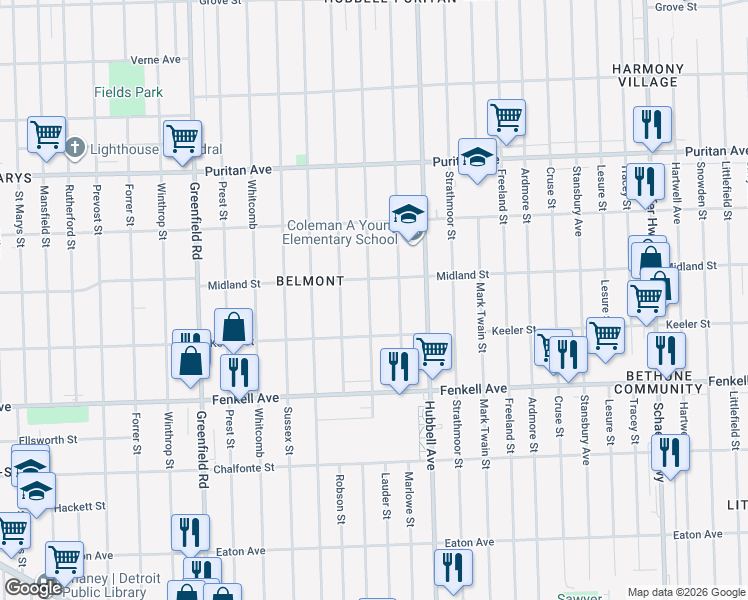 map of restaurants, bars, coffee shops, grocery stores, and more near 15500 Lauder Street in Detroit