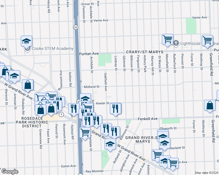 map of restaurants, bars, coffee shops, grocery stores, and more near 15700 Oakfield Avenue in Detroit