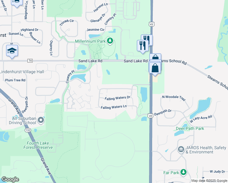 map of restaurants, bars, coffee shops, grocery stores, and more near 2907 Falling Waters Lane in Lindenhurst