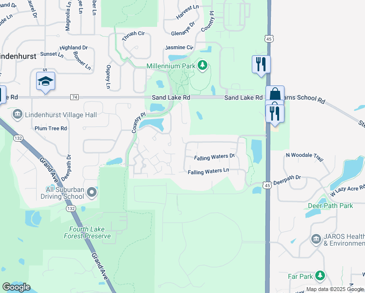 map of restaurants, bars, coffee shops, grocery stores, and more near 2948 Falling Waters Lane in Lindenhurst