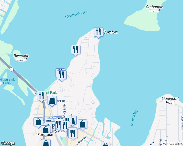 map of restaurants, bars, coffee shops, grocery stores, and more near 89 Maude Avenue in Fox Lake