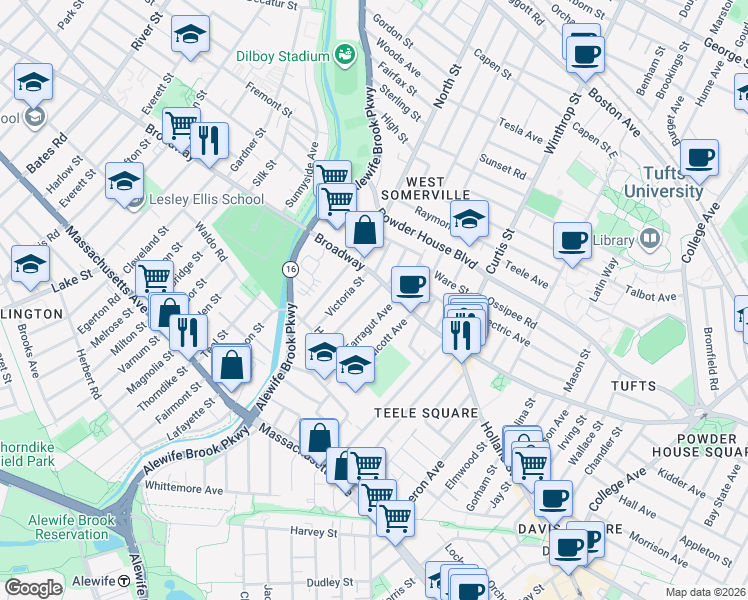 map of restaurants, bars, coffee shops, grocery stores, and more near 14 Garrison Avenue in Somerville