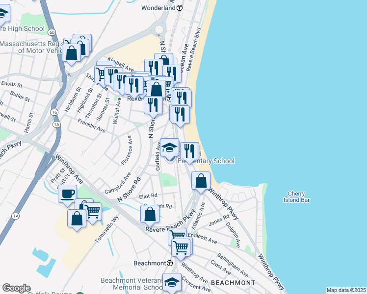 map of restaurants, bars, coffee shops, grocery stores, and more near 41 Revere Beach Boulevard in Revere