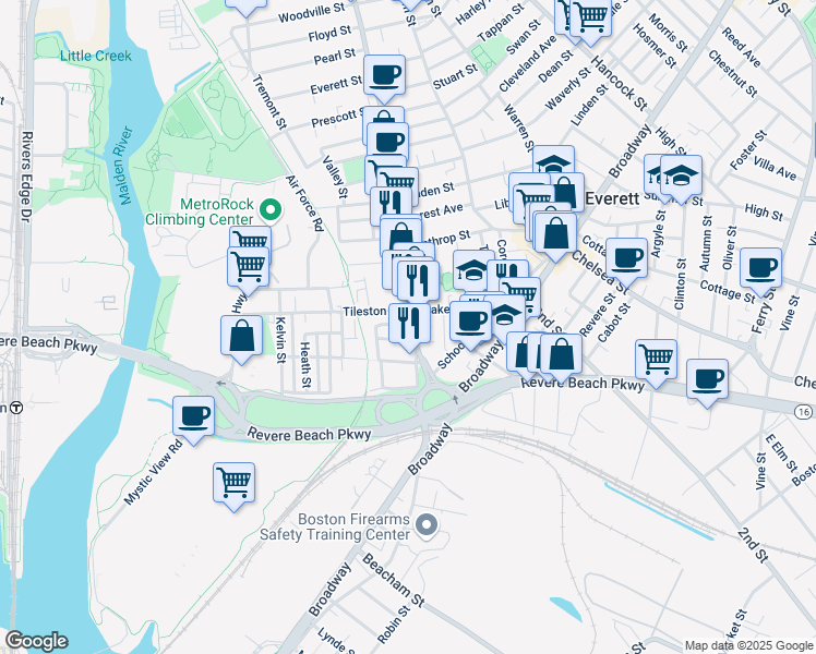 map of restaurants, bars, coffee shops, grocery stores, and more near 9 Oakes Street in Everett
