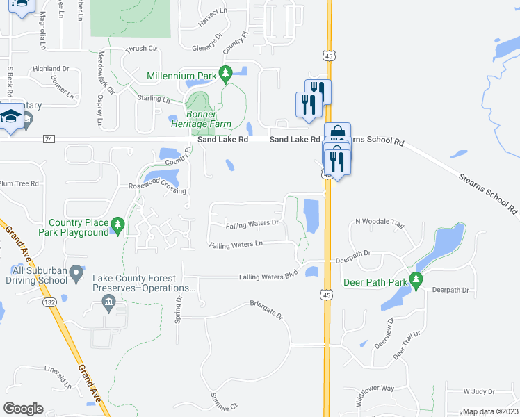 map of restaurants, bars, coffee shops, grocery stores, and more near 2907 Falling Waters Lane in Lindenhurst