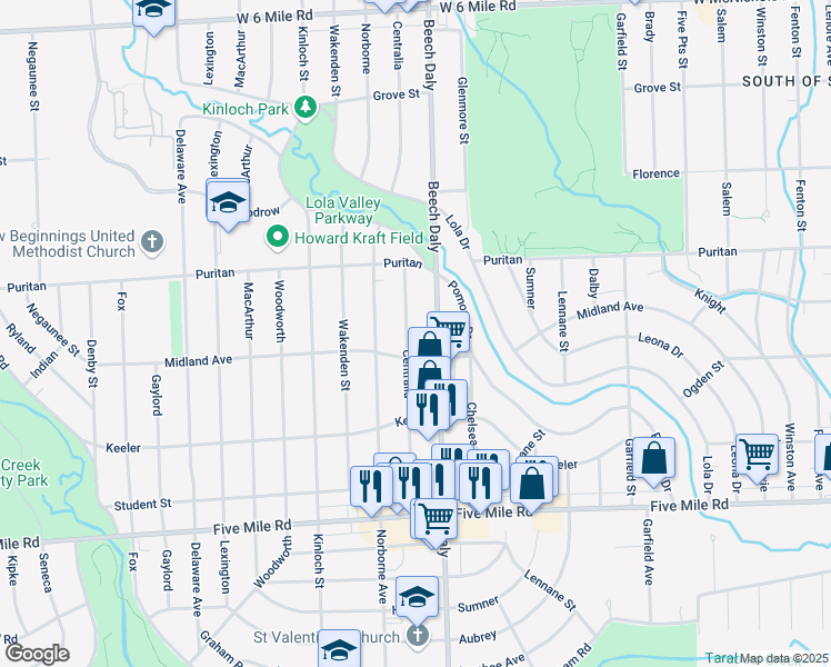 map of restaurants, bars, coffee shops, grocery stores, and more near 15865 Beech Daly in Redford Charter Township