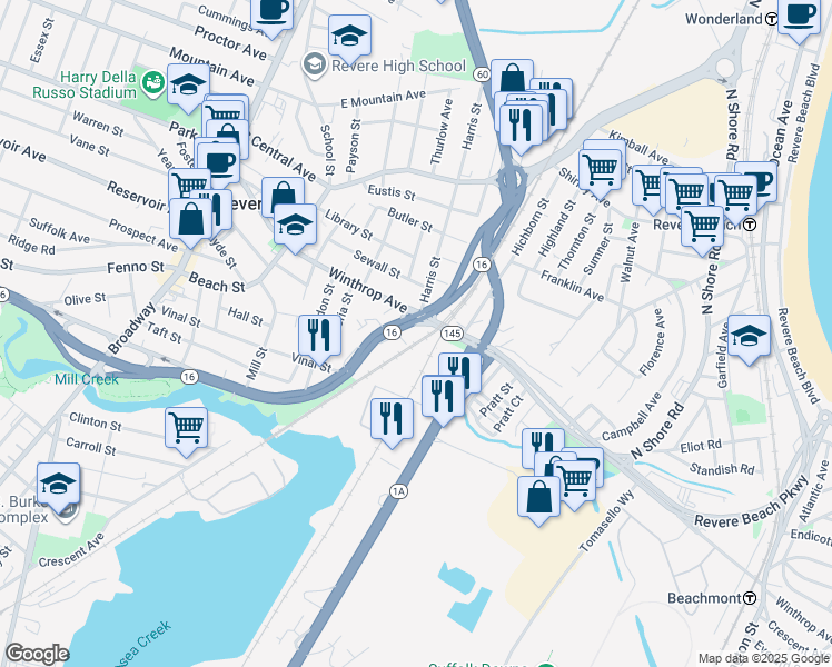 map of restaurants, bars, coffee shops, grocery stores, and more near 570 Revere Beach Parkway in Revere