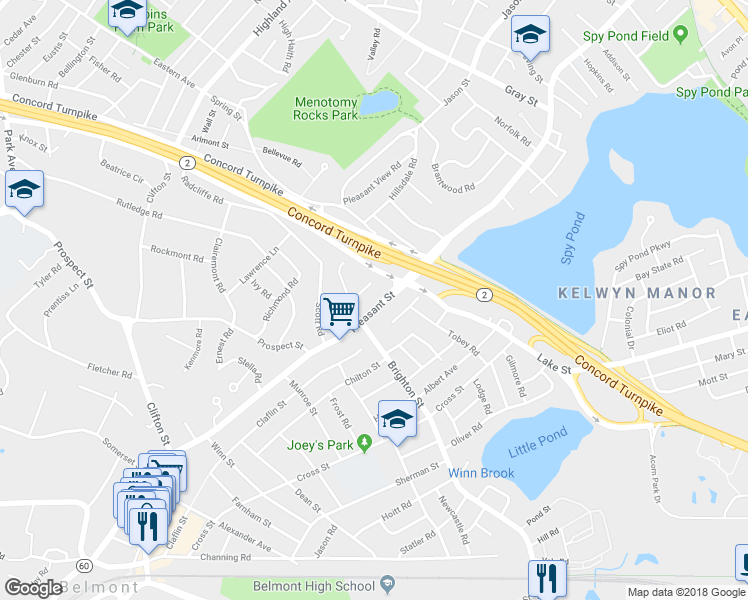 map of restaurants, bars, coffee shops, grocery stores, and more near 313 Pleasant Street in Belmont