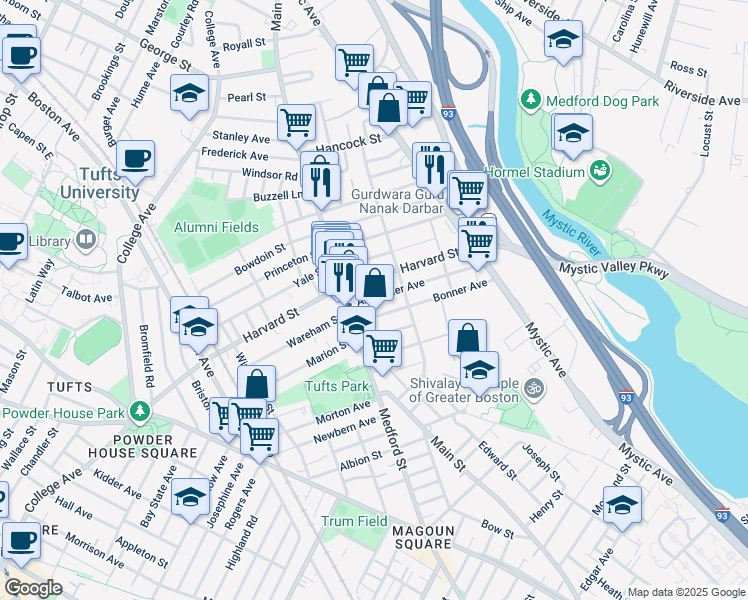 map of restaurants, bars, coffee shops, grocery stores, and more near 23 Alexander Avenue in Medford