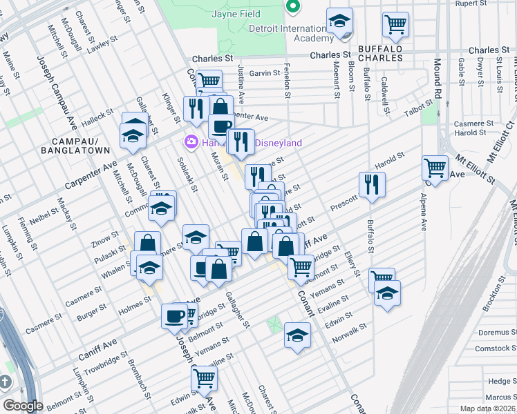 map of restaurants, bars, coffee shops, grocery stores, and more near Conant St & Casmere St in Detroit