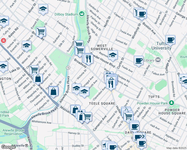 map of restaurants, bars, coffee shops, grocery stores, and more near 1249 Broadway in Somerville