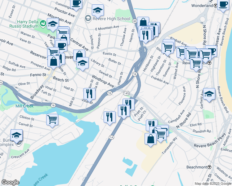 map of restaurants, bars, coffee shops, grocery stores, and more near 570 Revere Beach Parkway in Revere